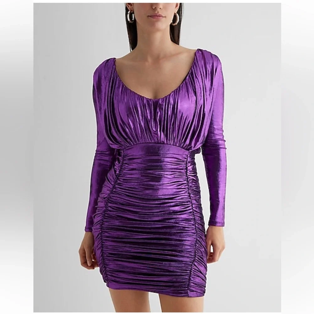 Express Metallic Purple V-Neck Long Sleeve Ruched Mini Sheath Dress Medium - Picture 1 of 9